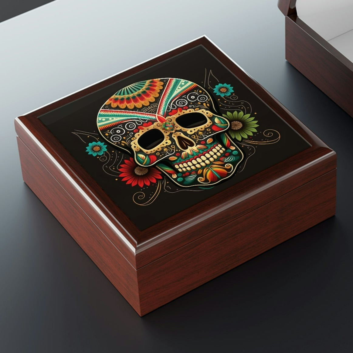 Day of the Dead Skull Wooden Keepsake Jewelry Box with Ceramic Tile Cover