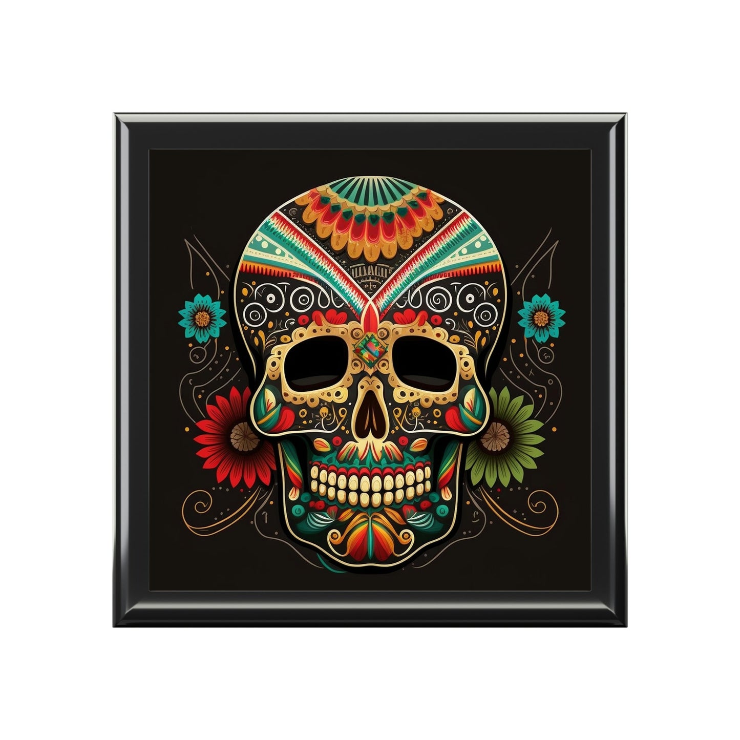 Day of the Dead Skull Wooden Keepsake Jewelry Box with Ceramic Tile Cover