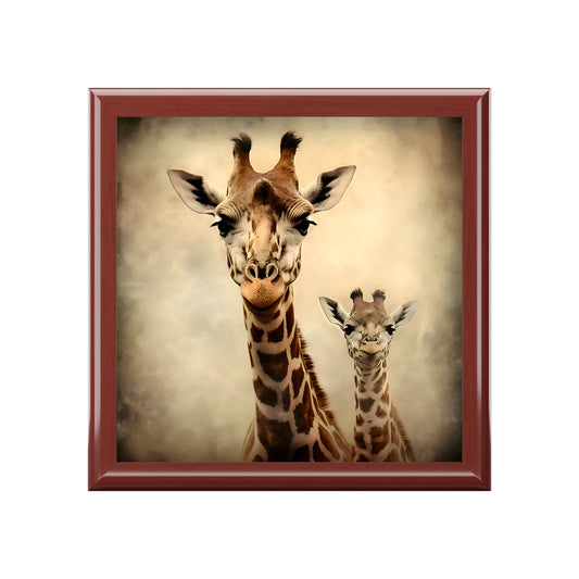 Discover Timeless Elegance: Giraffe Mother and Baby Portrait Adorns Our Exquisite Wooden Jewelry Trinket Box!