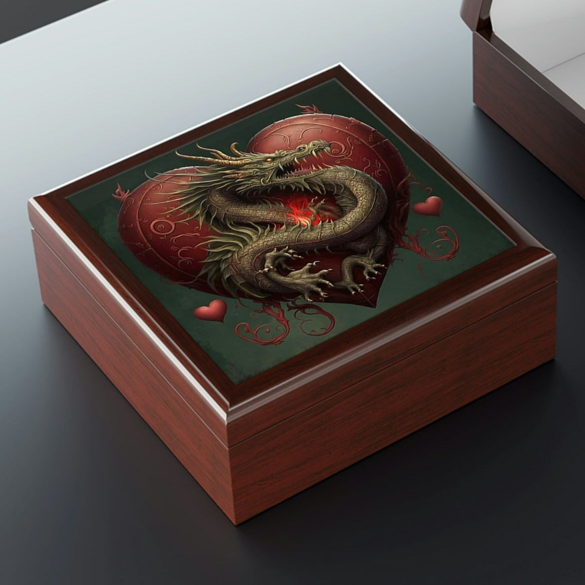 Dragon Heart Wood Keepsake Jewelry Box with Ceramic Tile Cover