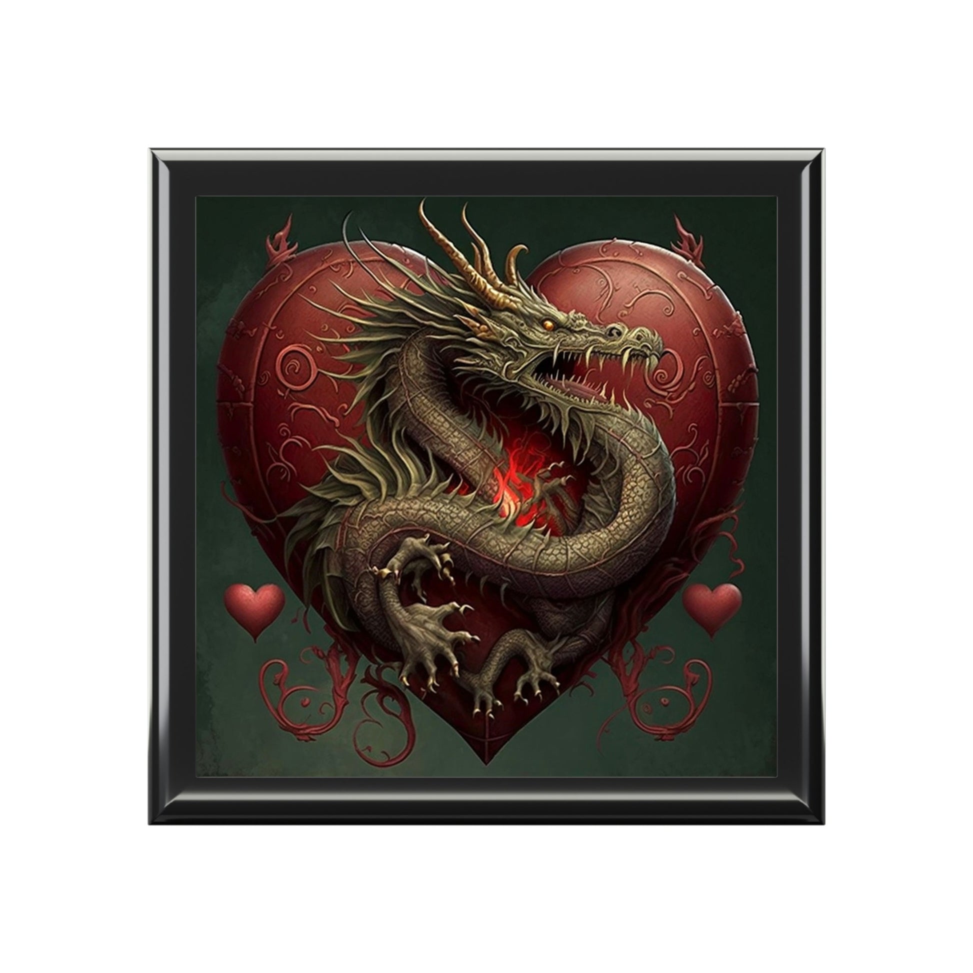 Dragon Heart Wood Keepsake Jewelry Box with Ceramic Tile Cover