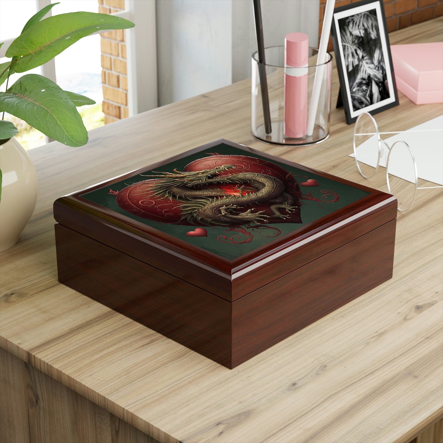 Dragon Heart Wood Keepsake Jewelry Box with Ceramic Tile Cover