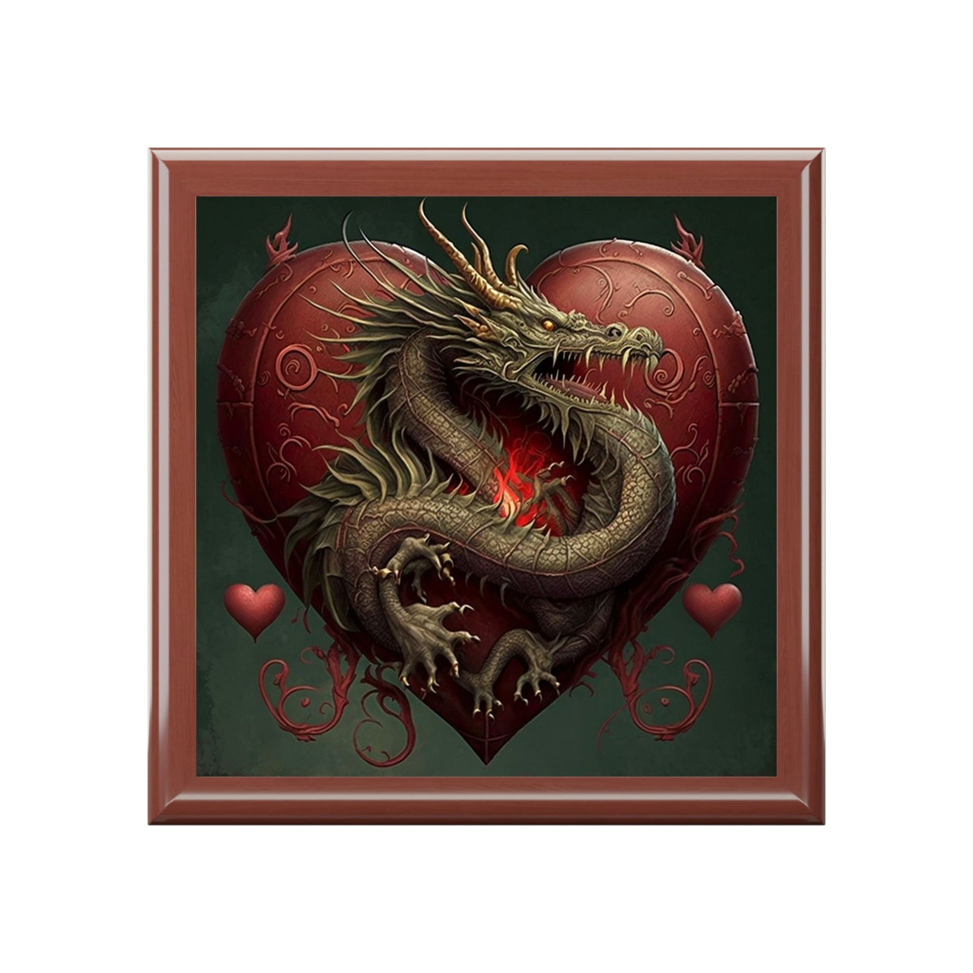 Dragon Heart Wood Keepsake Jewelry Box with Ceramic Tile Cover