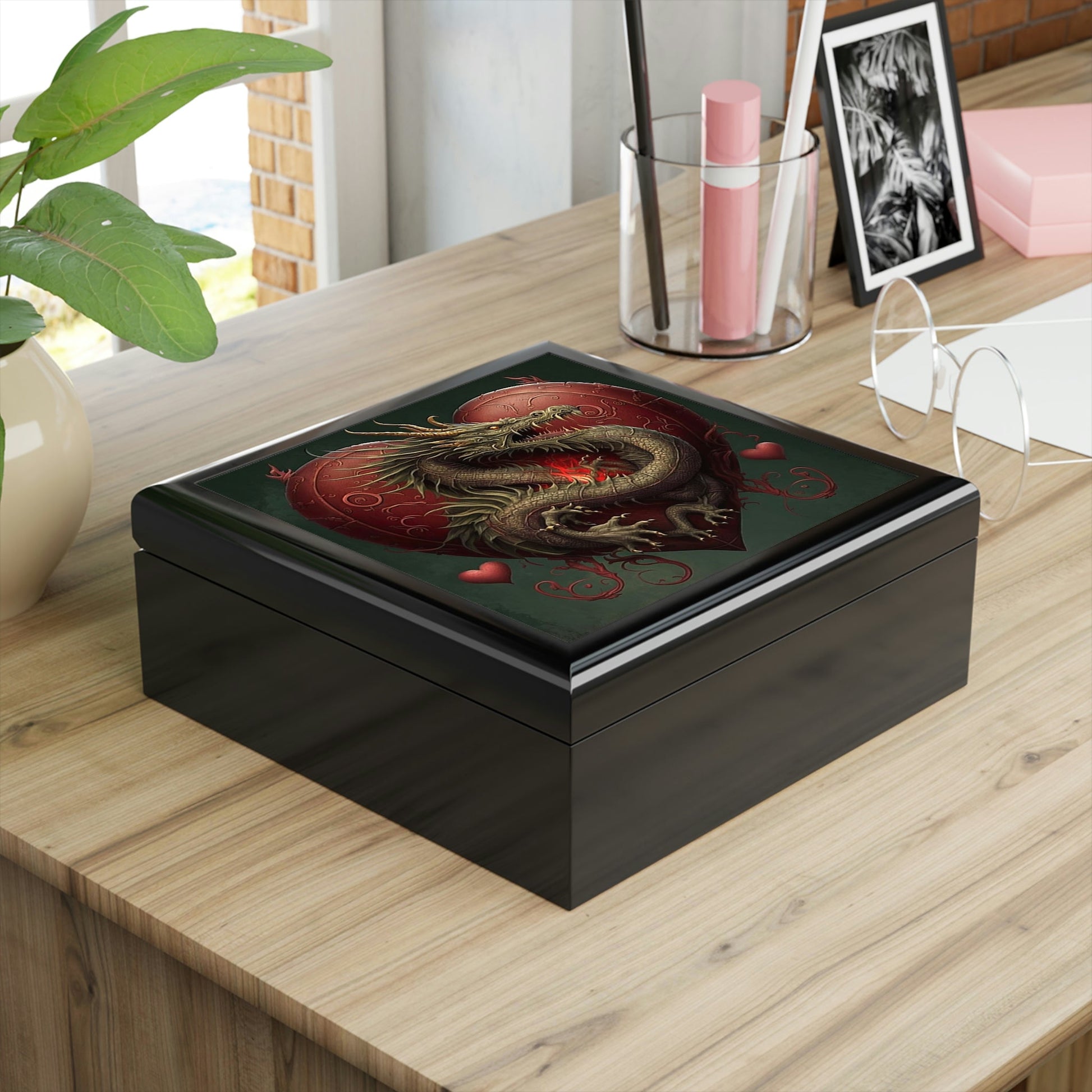 Dragon Heart Wood Keepsake Jewelry Box with Ceramic Tile Cover