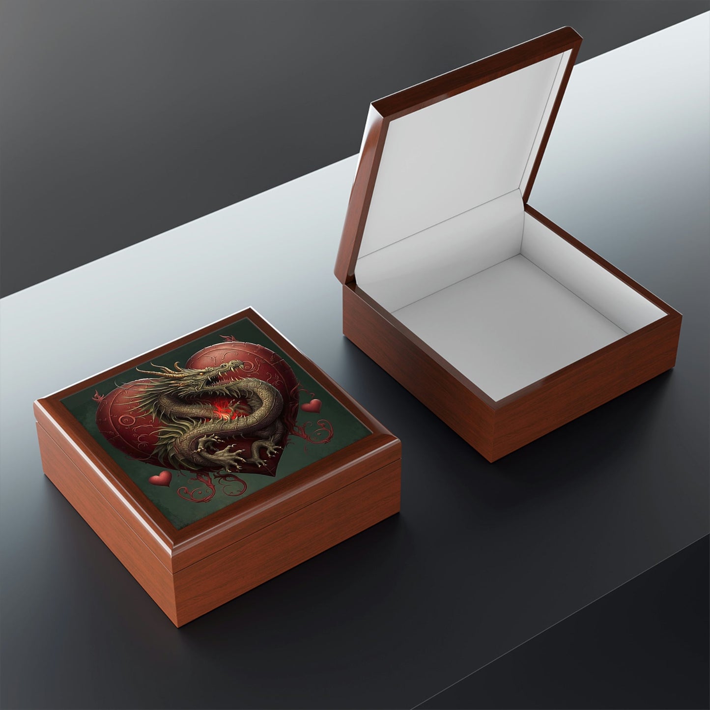 Dragon Heart Wood Keepsake Jewelry Box with Ceramic Tile Cover