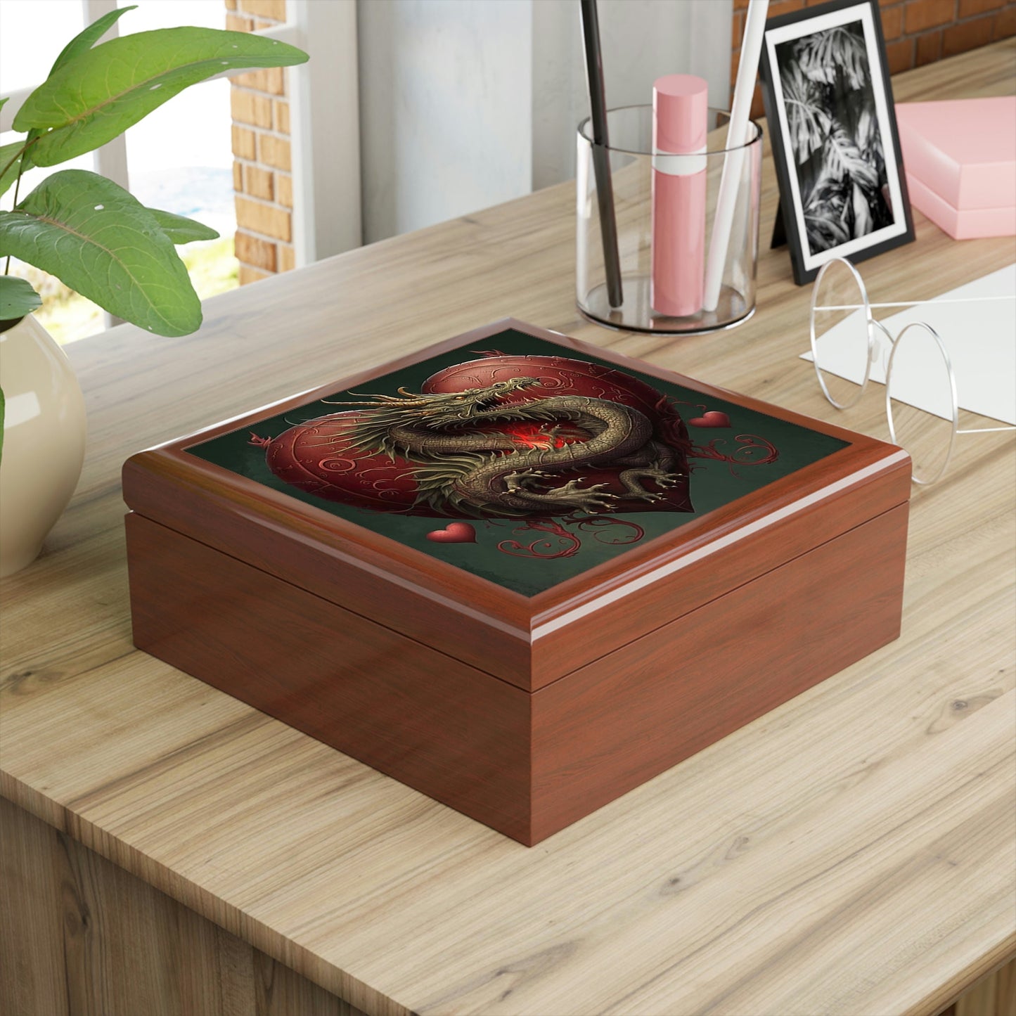 Dragon Heart Wood Keepsake Jewelry Box with Ceramic Tile Cover