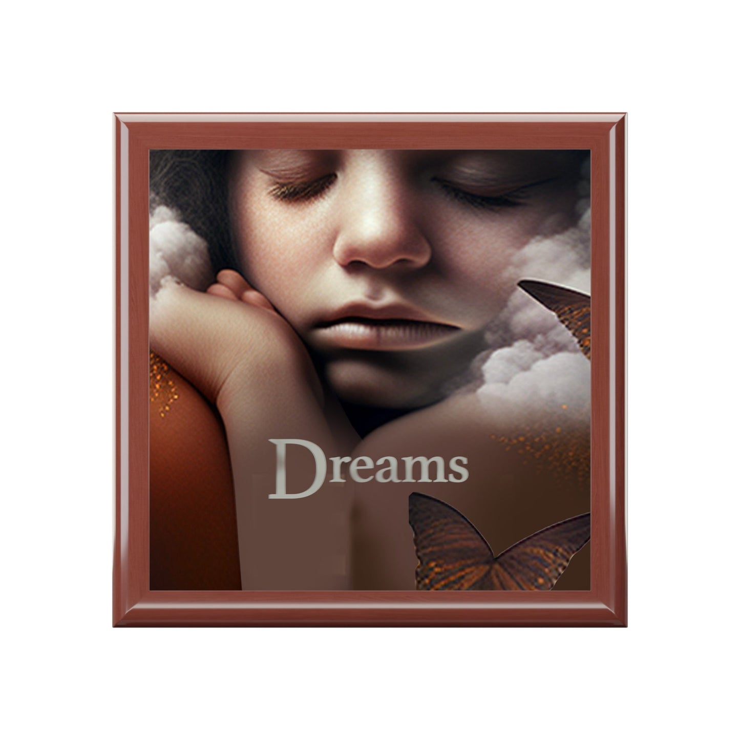 Dreams Keepsake Jewelry Box with Ceramic Tile Cover Beige. Manifest your dreams.