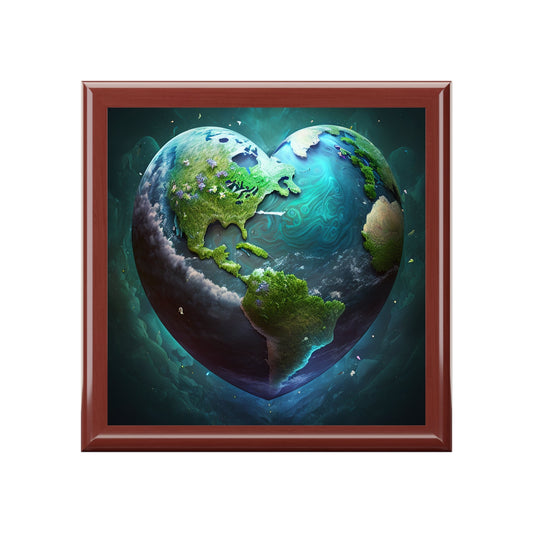 Earth Heart Wood Keepsake Jewelry Box with Ceramic Tile Cover