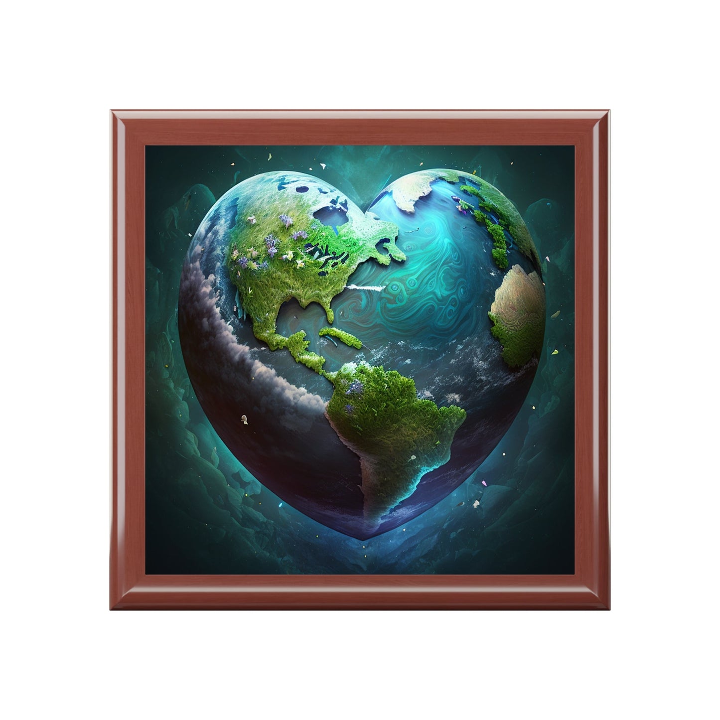 Earth Heart Wood Keepsake Jewelry Box with Ceramic Tile Cover