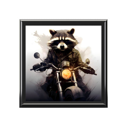 Eddie the Raccoon on His New Motorcycle Fine Art Print Jewelry Keepsake Trinkets Box