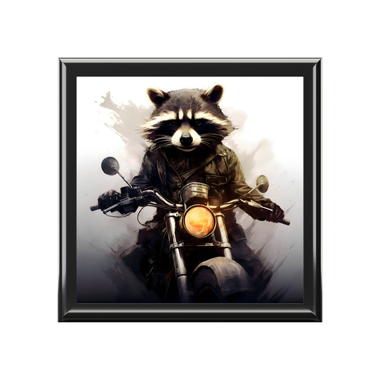 Eddie the Raccoon on His New Motorcycle Fine Art Print Jewelry Keepsake Trinkets Box