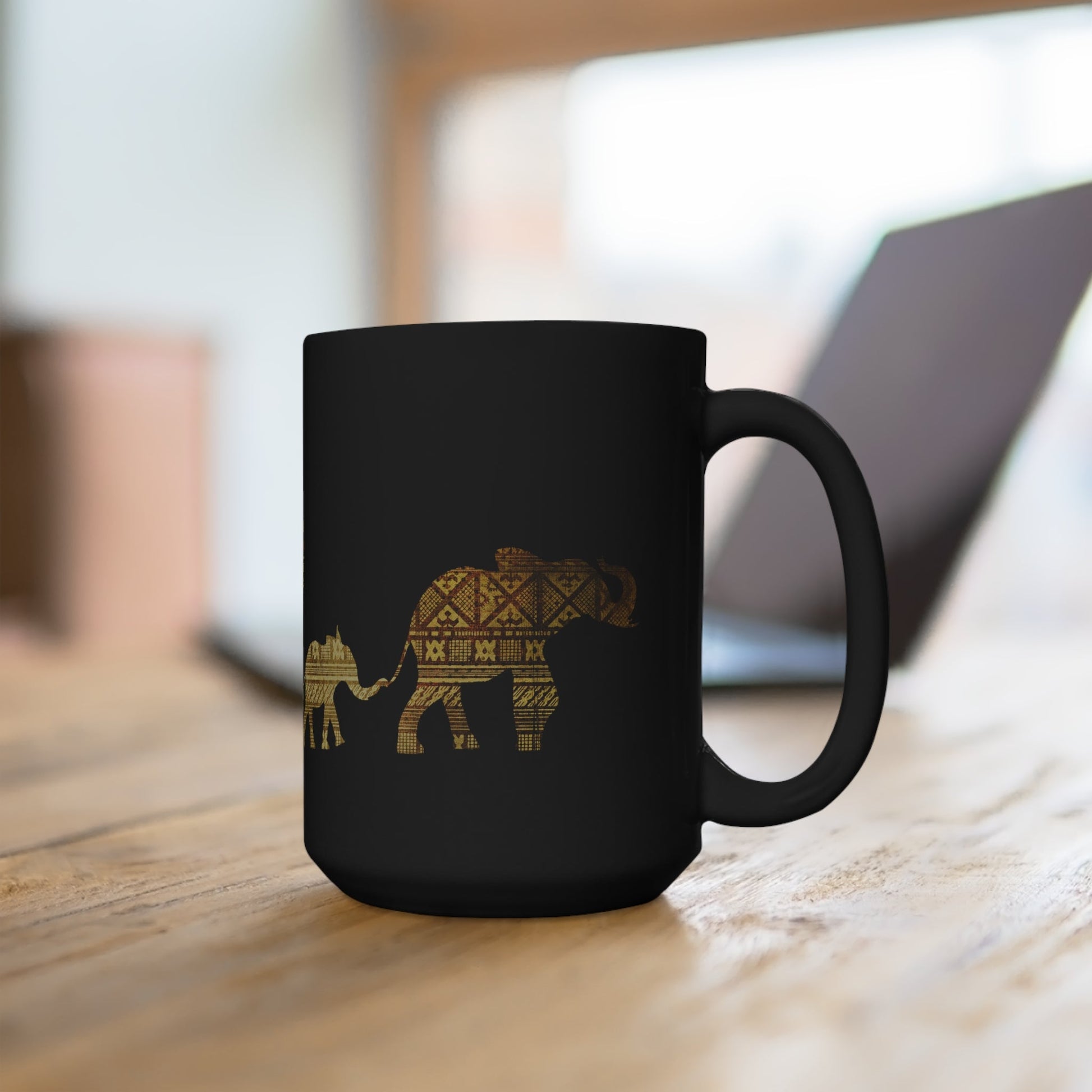 Elephant Family Black Mug 15oz | Elephant Mother and Baby Meeting Father Elephant