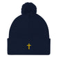 Embroidered Cross on a knit Pom-Pom Beanie Jesus faith God Lord Christian Religious Cap Hat Catholic Mormon LDS