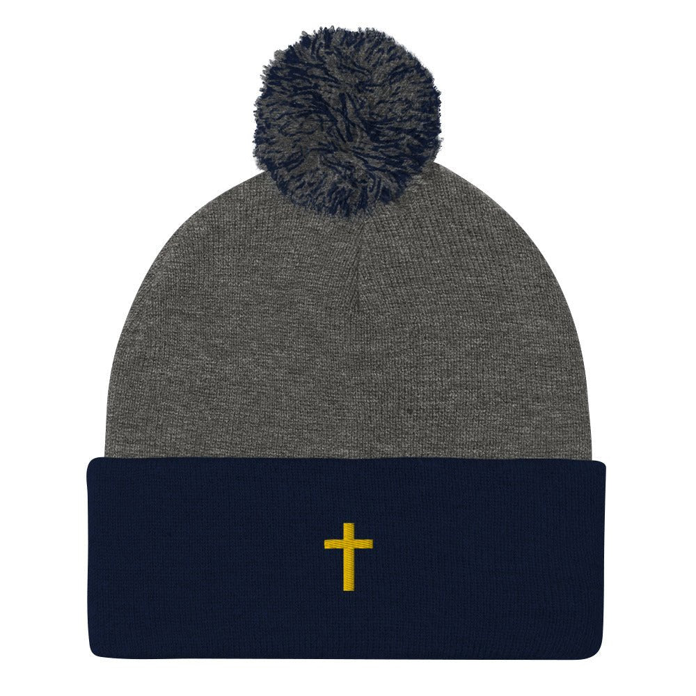 Embroidered Cross on a knit Pom-Pom Beanie Jesus faith God Lord Christian Religious Cap Hat Catholic Mormon LDS