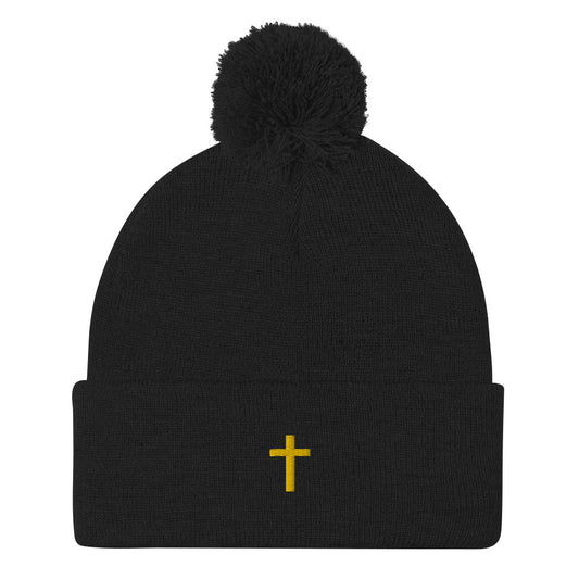 Embroidered Cross on a knit Pom-Pom Beanie Jesus faith God Lord Christian Religious Cap Hat Catholic Mormon LDS