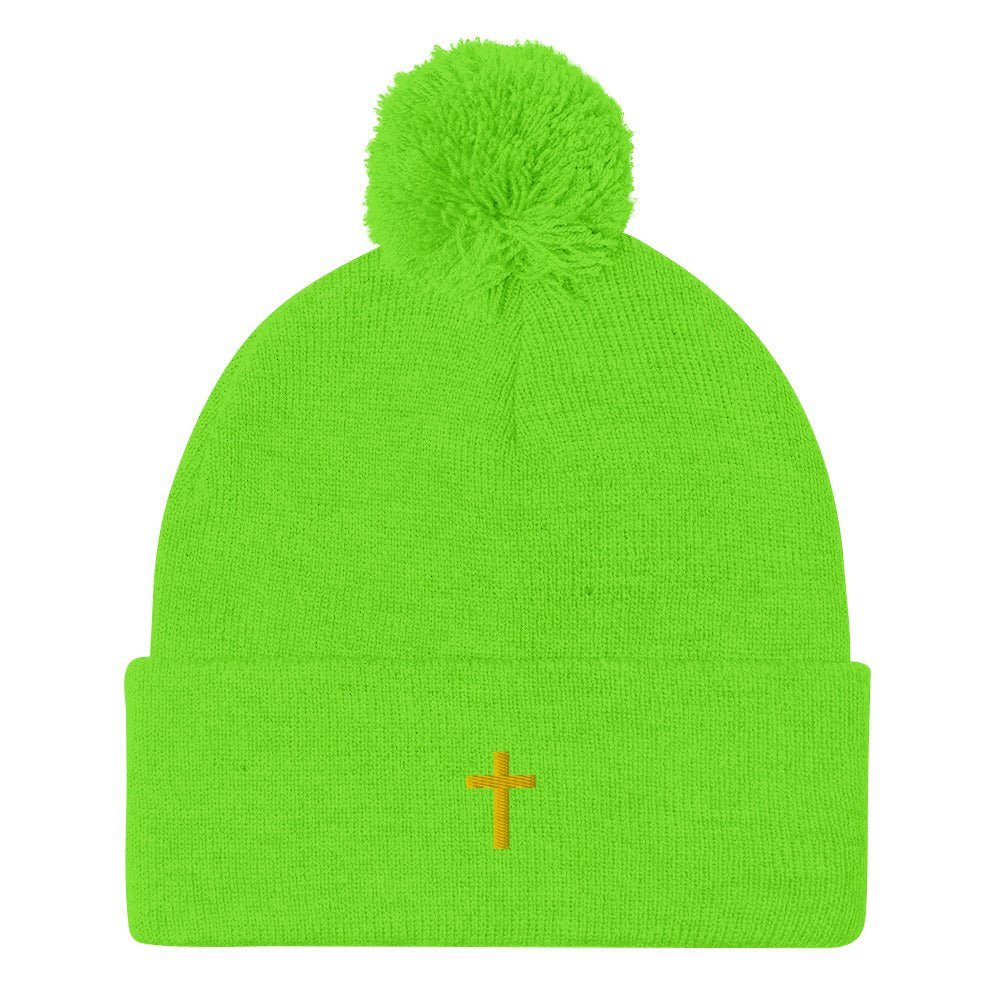 Embroidered Cross on a knit Pom-Pom Beanie Jesus faith God Lord Christian Religious Cap Hat Catholic Mormon LDS