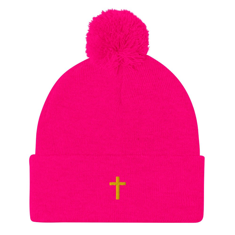 Embroidered Cross on a knit Pom-Pom Beanie Jesus faith God Lord Christian Religious Cap Hat Catholic Mormon LDS