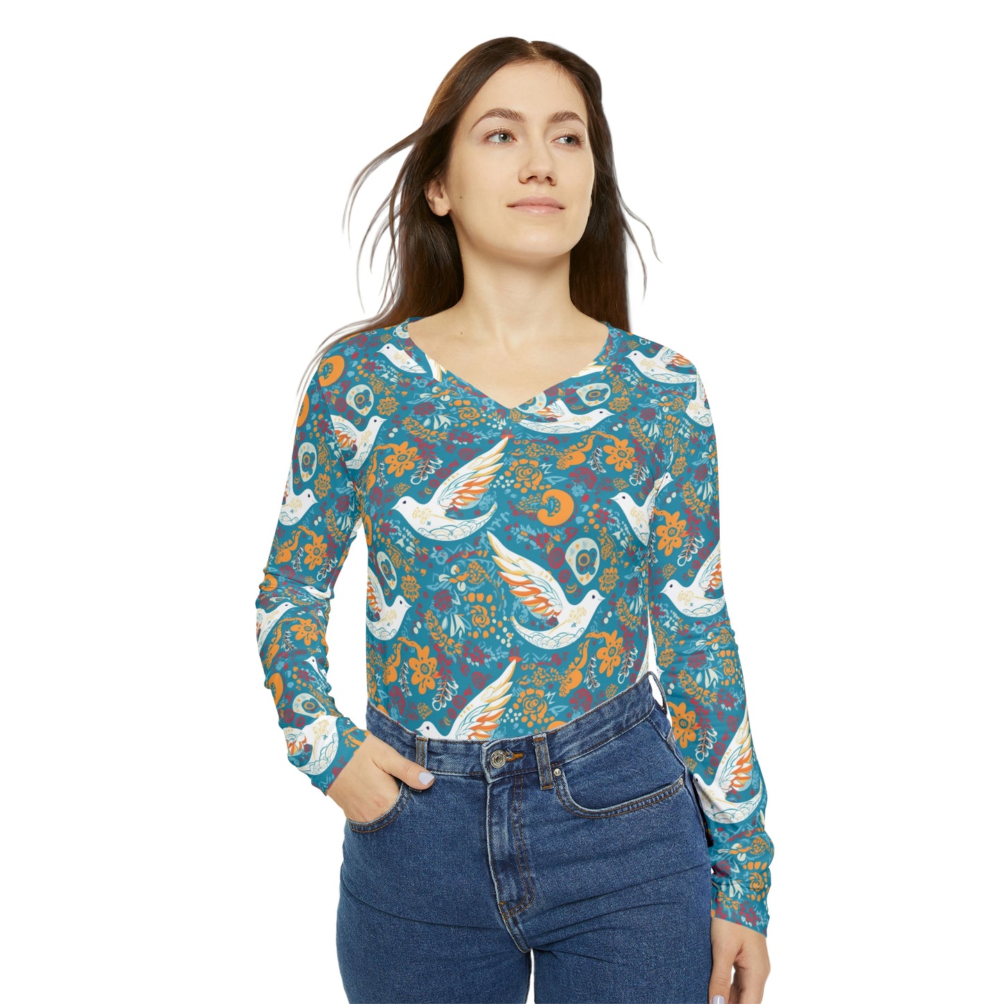 Peace Dove Women's Long Sleeve V-neck Shirt - Cottagecore Vintage Hippy Style Clothing