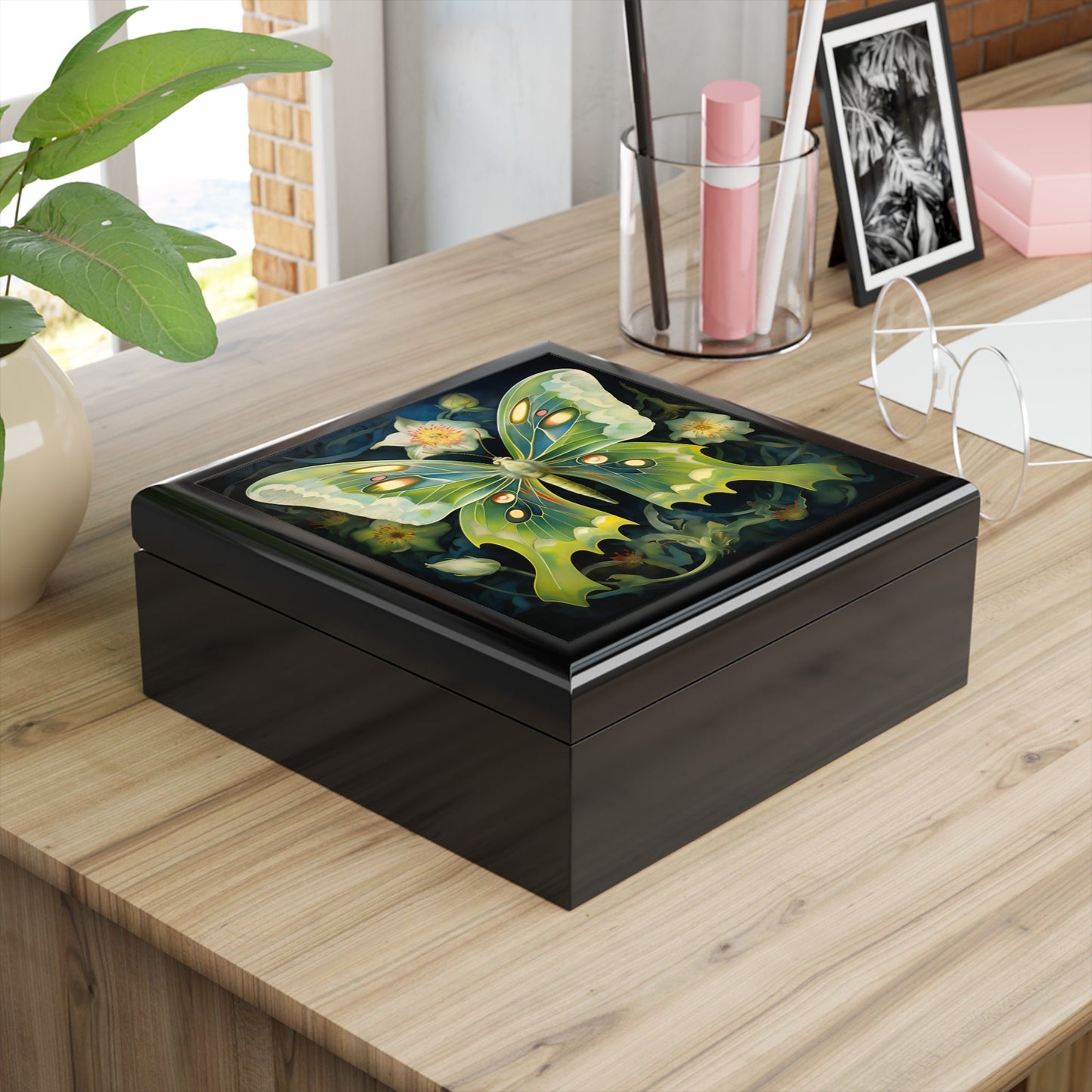 Fanciful Version of a Luna Moth Jewelry Keepsake Trinkets Box