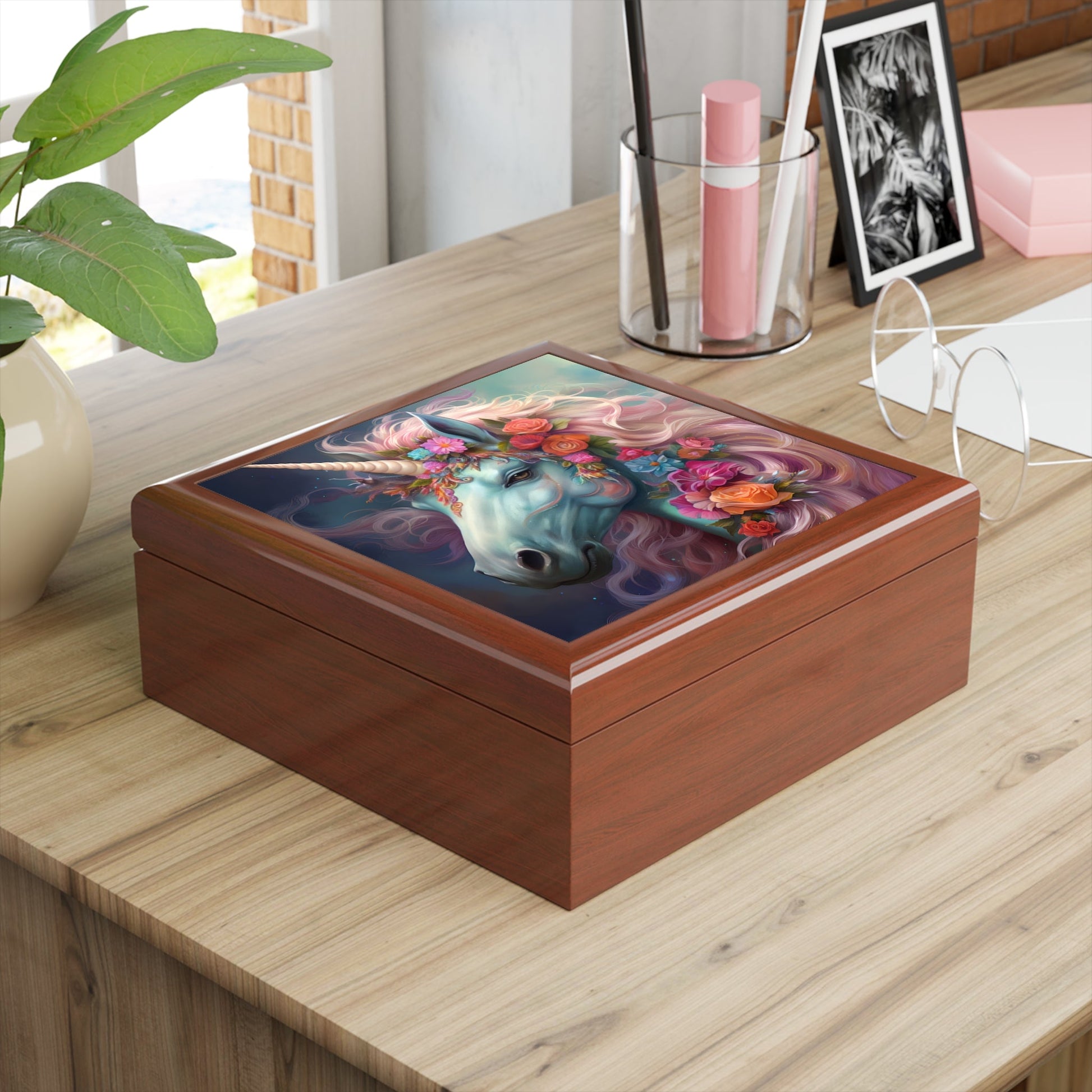 Fantastical Floral Unicorn Art Jewelry Box