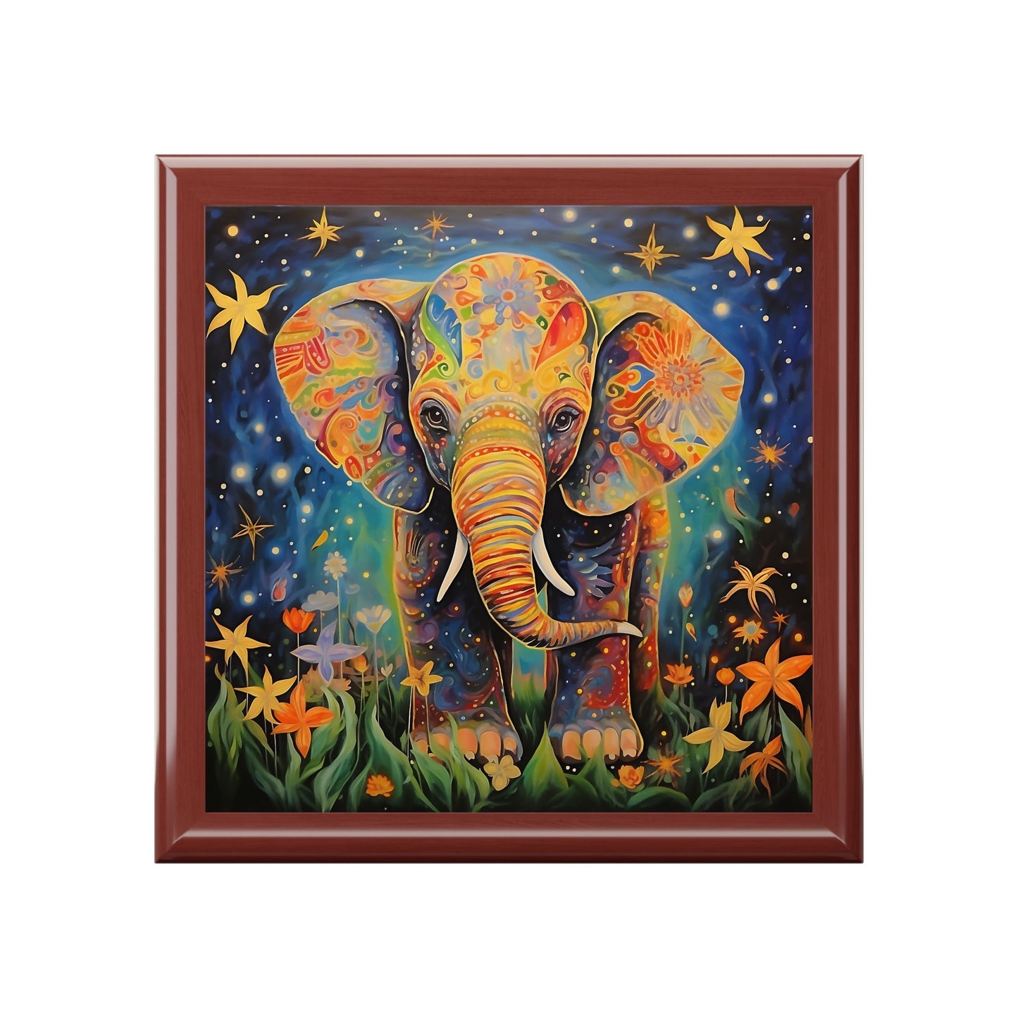 Folk Art Baby Elephant at Midnight Jewelry Keepsake Box