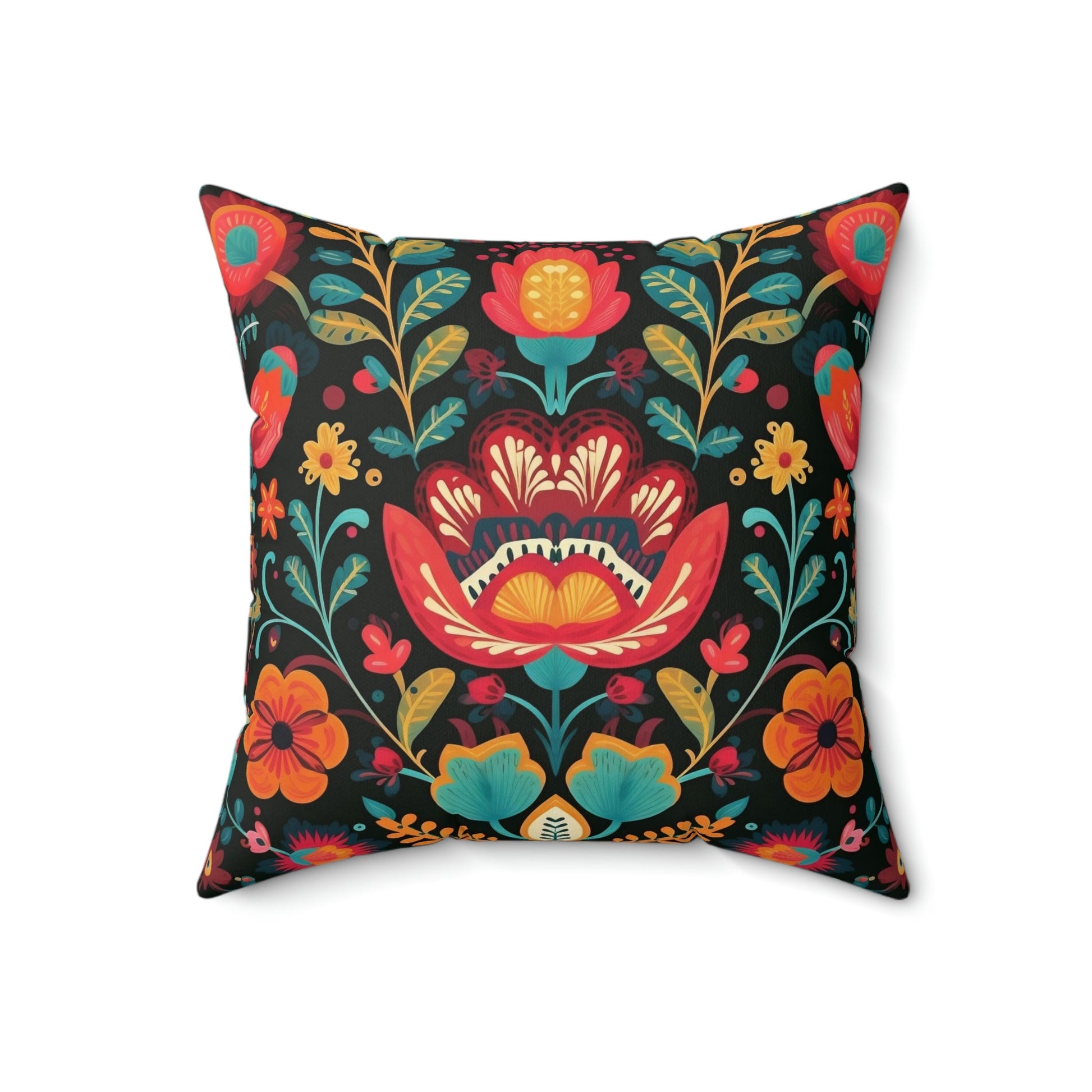 Folk Art Floral Design Spun Polyester Square Pillow