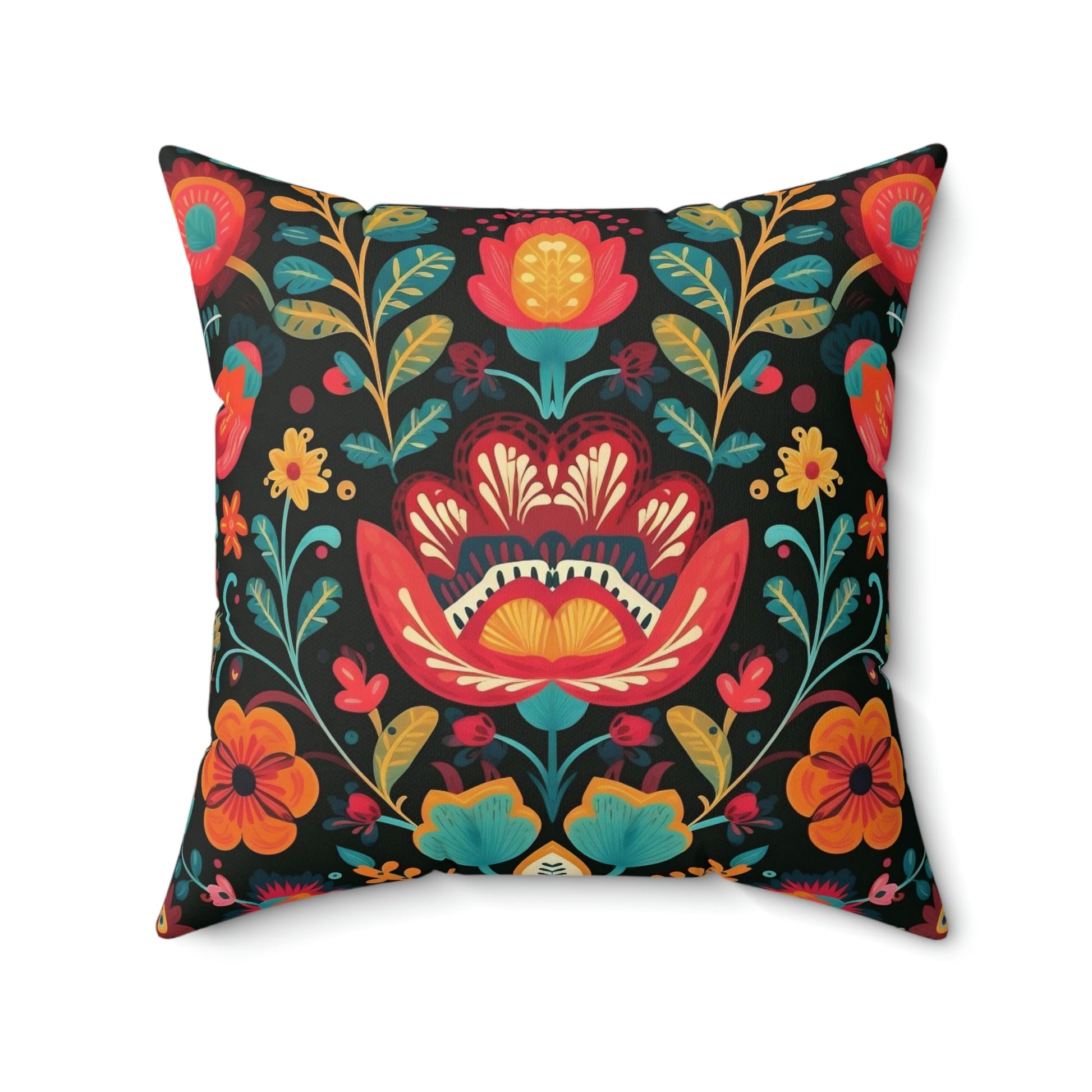 Folk Art Floral Design Spun Polyester Square Pillow