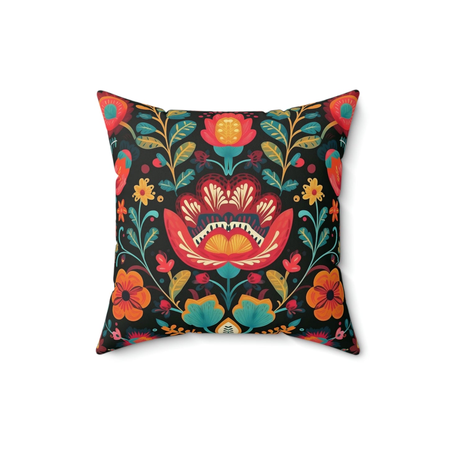 Folk Art Floral Design Spun Polyester Square Pillow