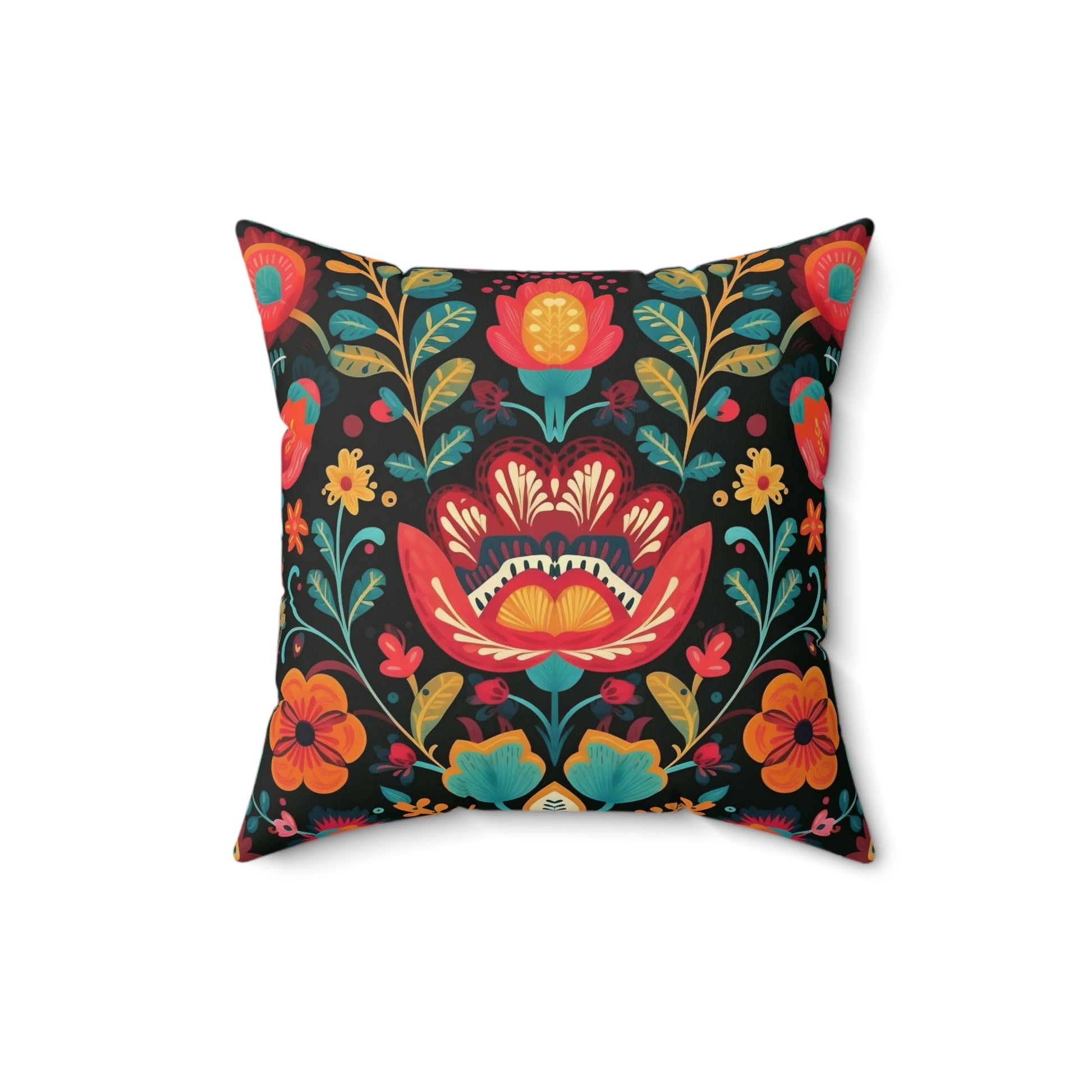 Folk Art Floral Design Spun Polyester Square Pillow