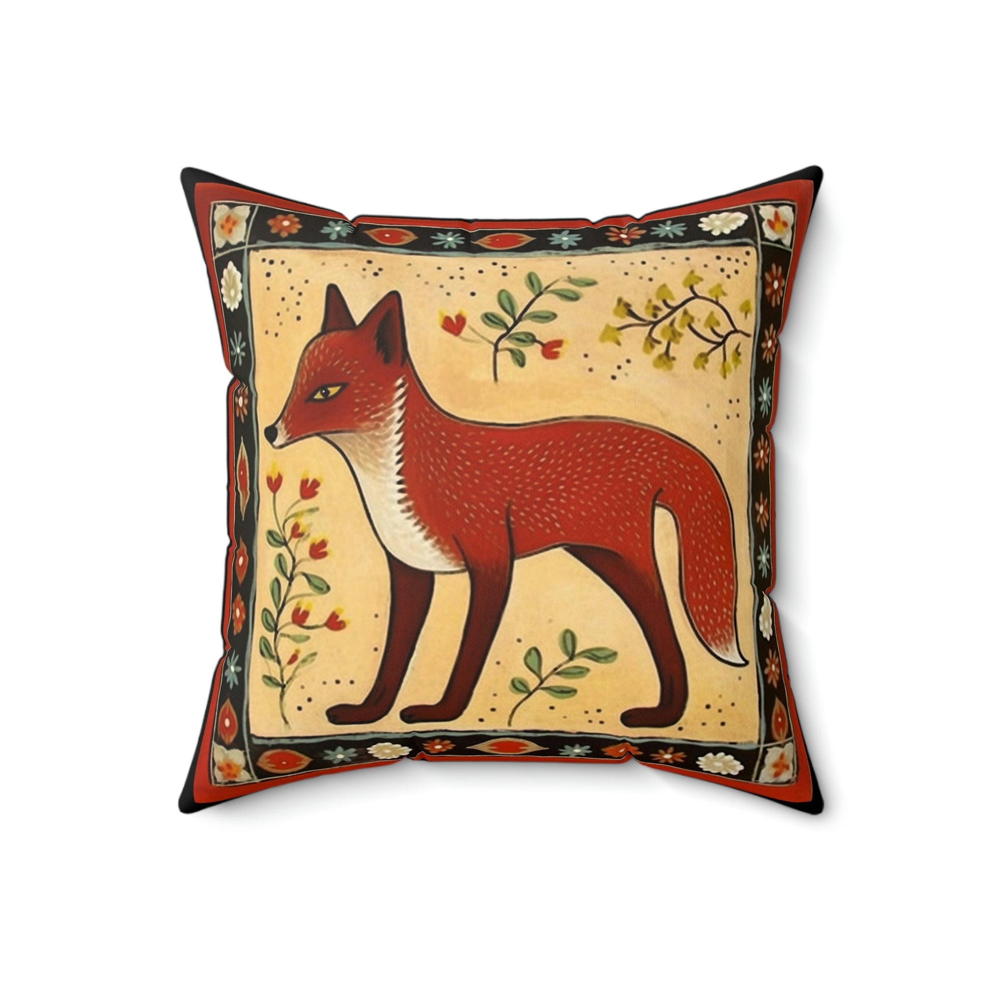 Folk Art Fox Design Square Pillow - Cottagecore Country Farm Style Gift for Yourself or Loved Ones
