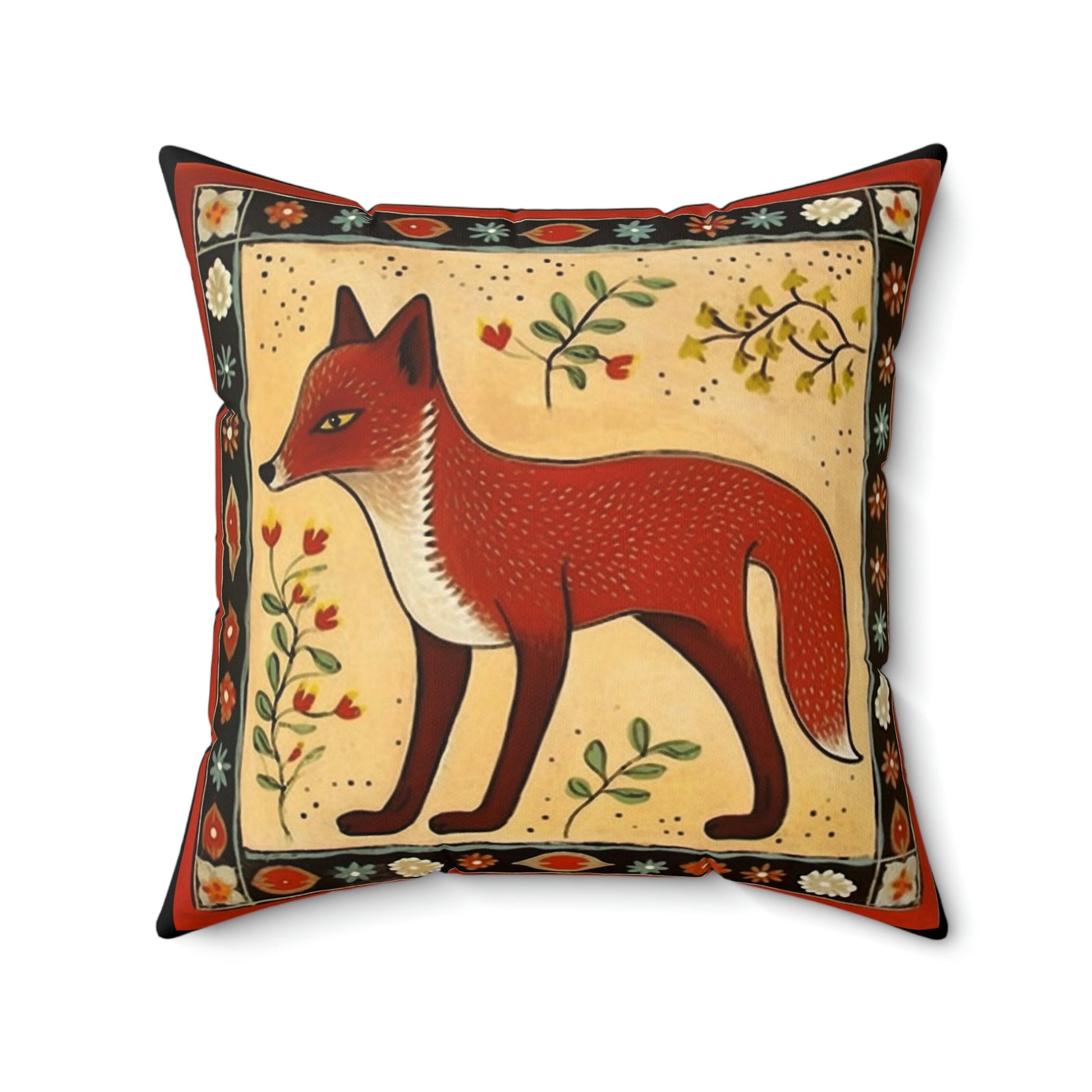 Folk Art Fox Design Square Pillow - Cottagecore Country Farm Style Gift for Yourself or Loved Ones