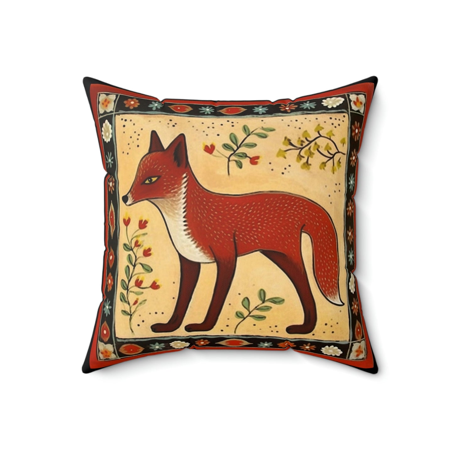 Folk Art Fox Design Square Pillow - Cottagecore Country Farm Style Gift for Yourself or Loved Ones