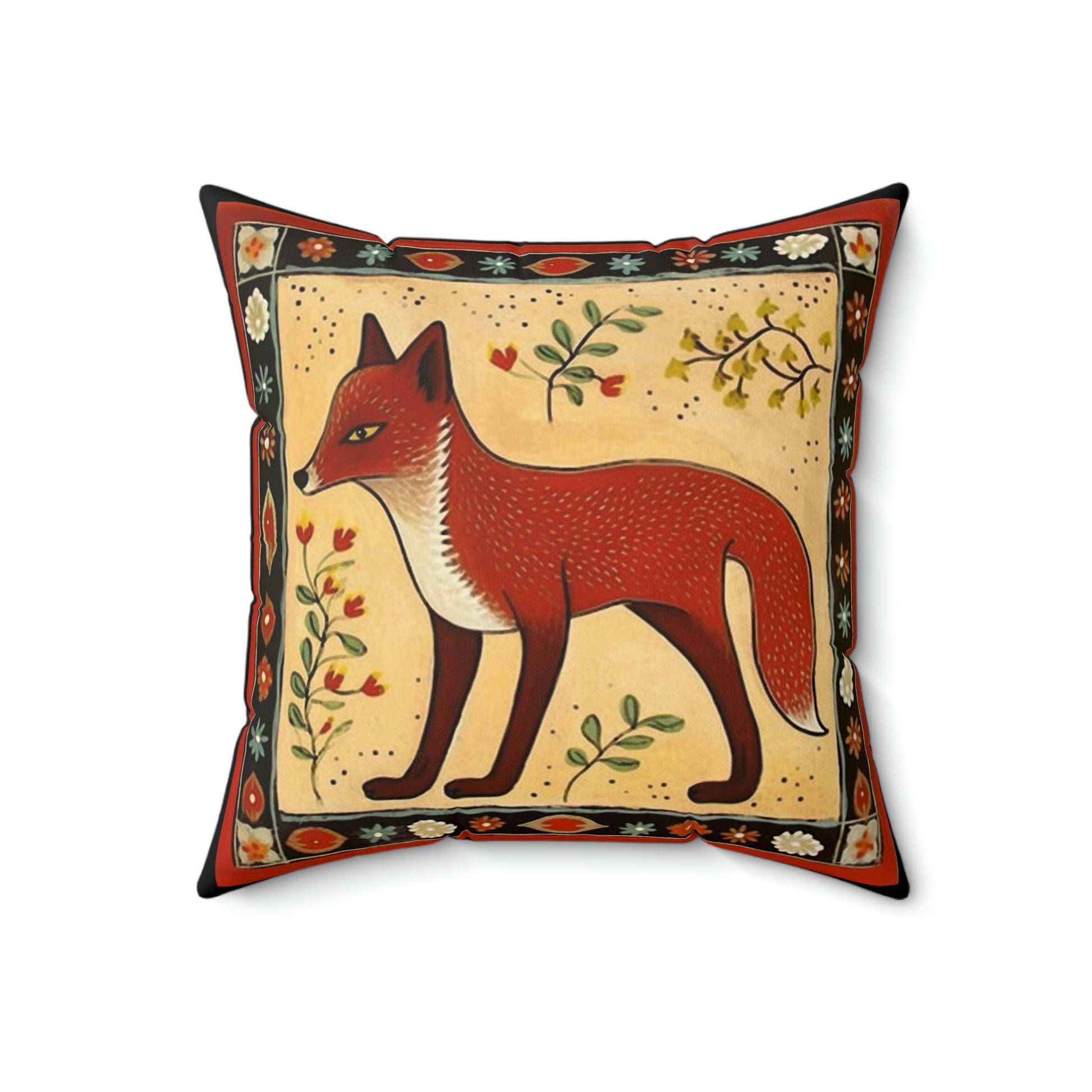 Folk Art Fox Design Square Pillow - Cottagecore Country Farm Style Gift for Yourself or Loved Ones
