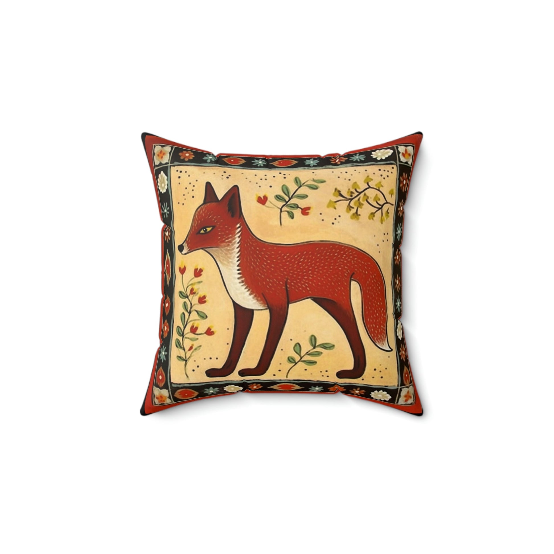 Folk Art Fox Design Square Pillow - Cottagecore Country Farm Style Gift for Yourself or Loved Ones