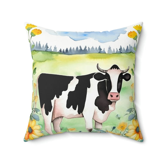 Folk Art Holstein Cow in Field Design Square Pillow - Cottagecore Country Farm Style Gift for Yourself or Loved Ones