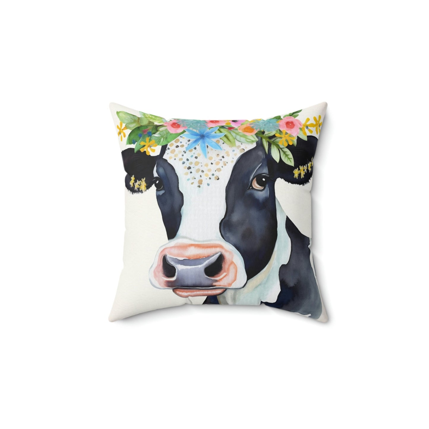 Folk Art Holstein Cow Portrait Design Square Pillow - Cottagecore Country Farm Style Gift for Yourself or Loved Ones