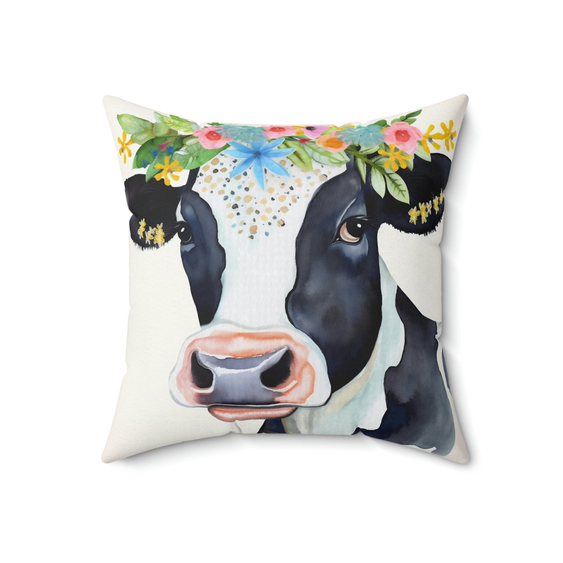 Folk Art Holstein Cow Portrait Design Square Pillow - Cottagecore Country Farm Style Gift for Yourself or Loved Ones