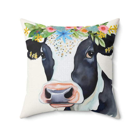 Folk Art Holstein Cow Portrait Design Square Pillow - Cottagecore Country Farm Style Gift for Yourself or Loved Ones