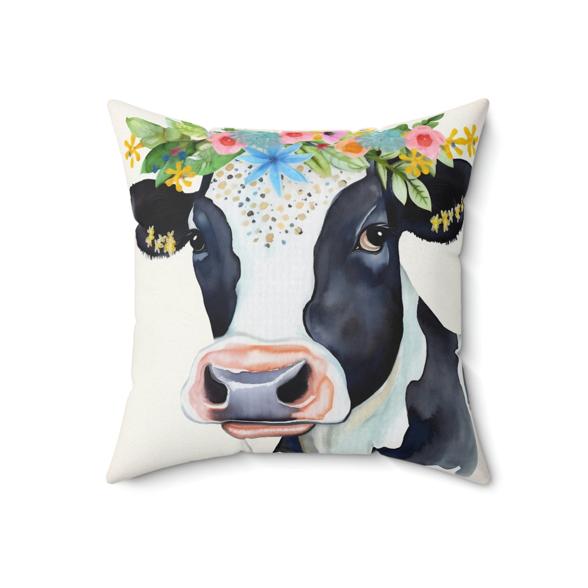 Folk Art Holstein Cow Portrait Design Square Pillow - Cottagecore Country Farm Style Gift for Yourself or Loved Ones
