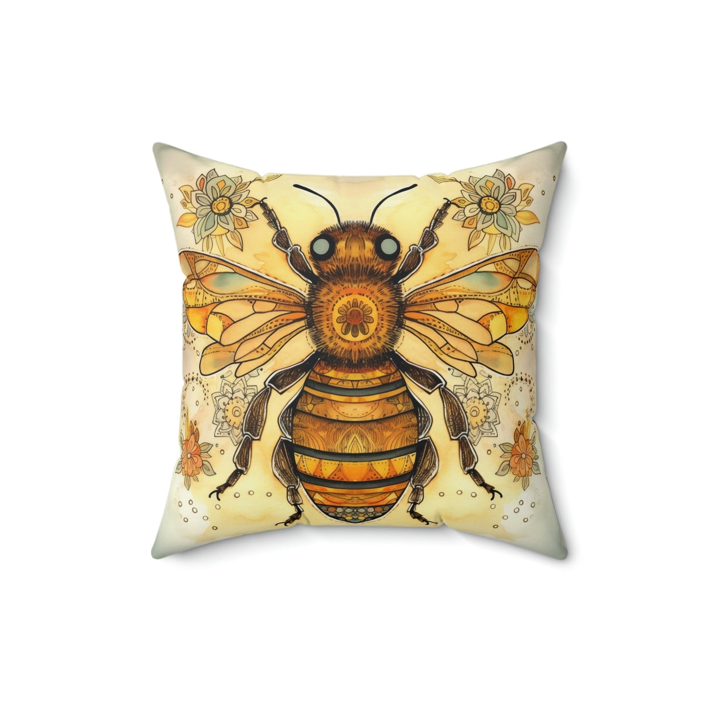 Folk Art Honey Bee Portrait Design Square Pillow - Cottagecore Country Farm Style Gift for Yourself or Loved Ones