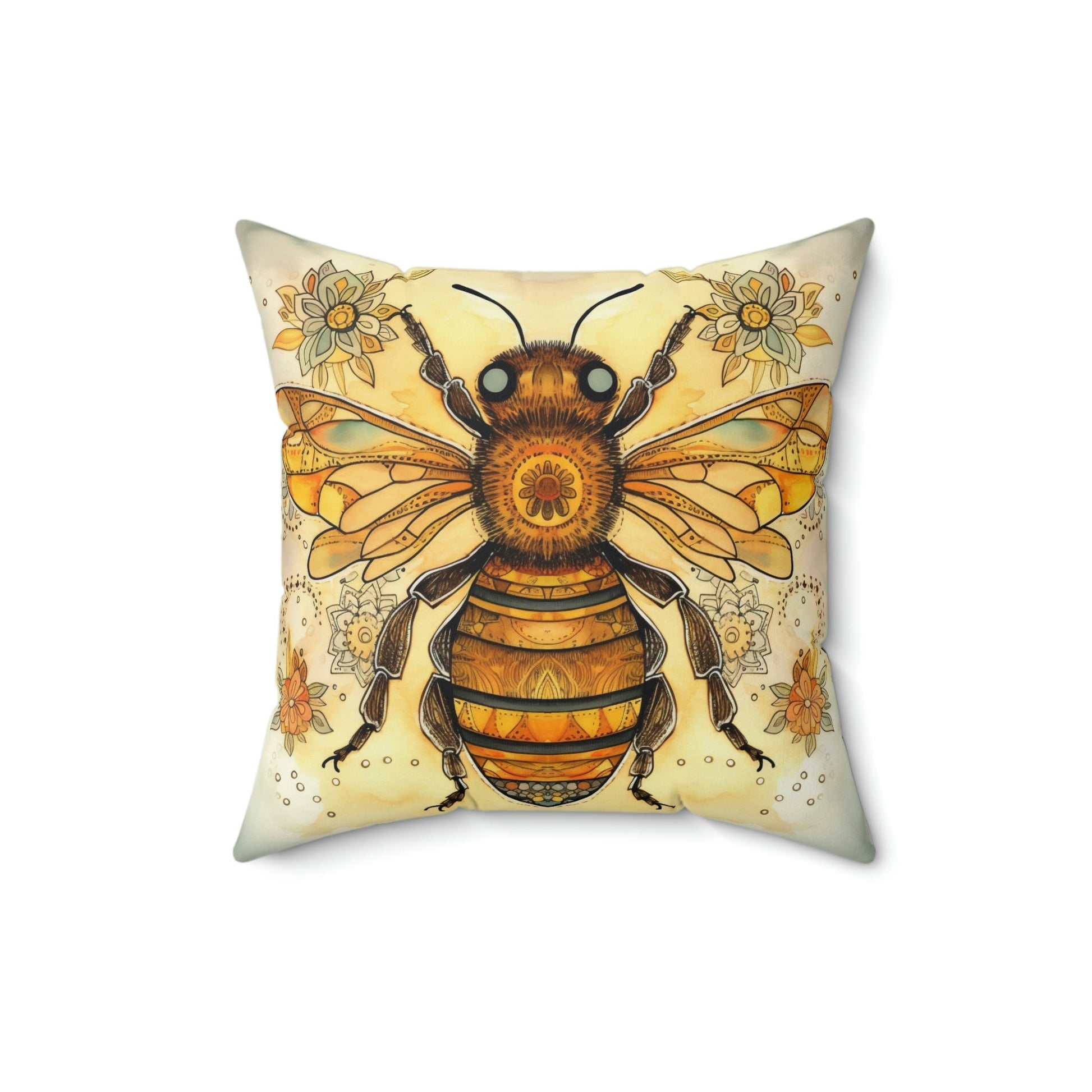 Folk Art Honey Bee Portrait Design Square Pillow - Cottagecore Country Farm Style Gift for Yourself or Loved Ones