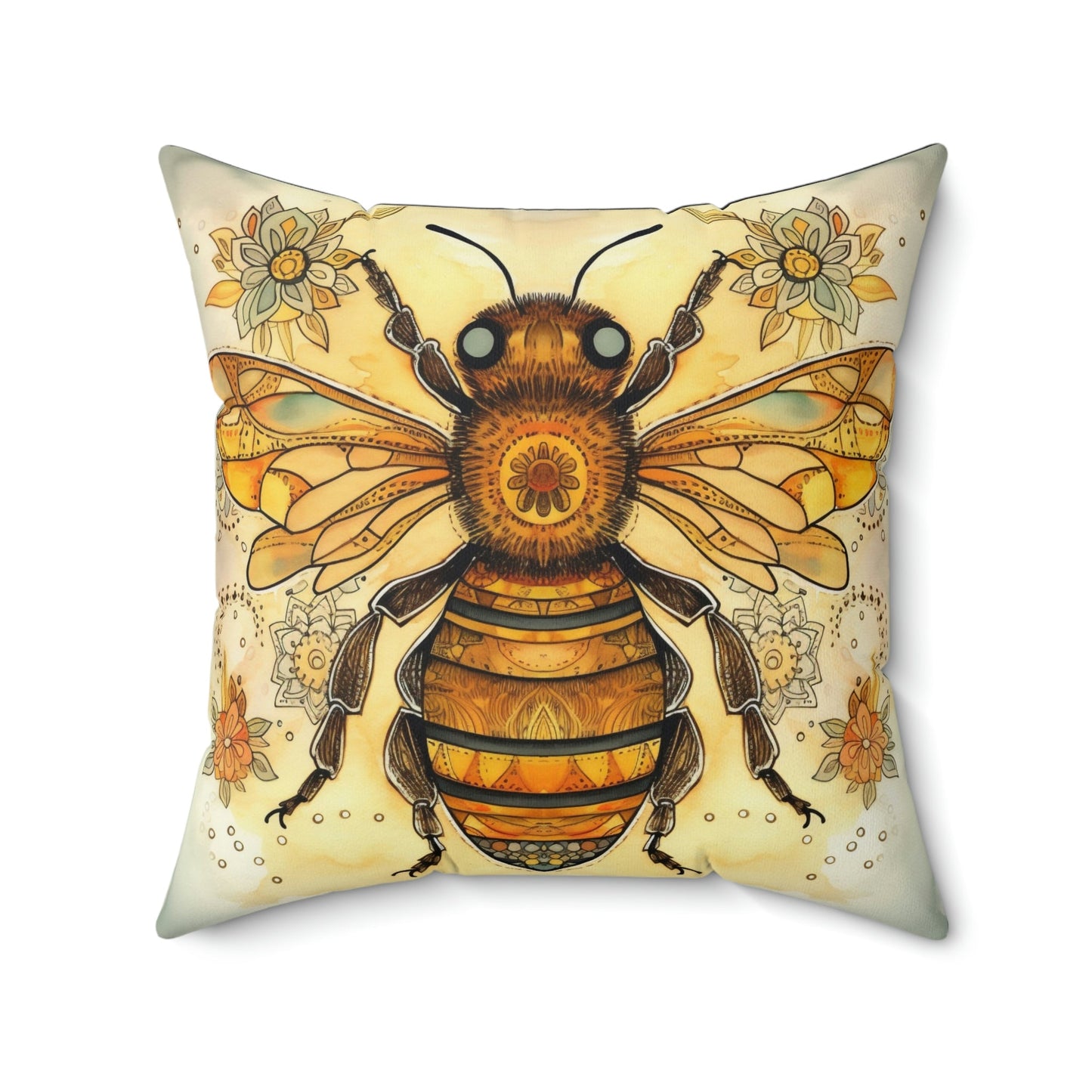Folk Art Honey Bee Portrait Design Square Pillow - Cottagecore Country Farm Style Gift for Yourself or Loved Ones