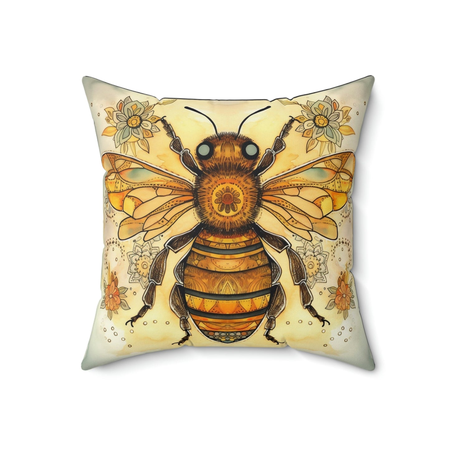 Folk Art Honey Bee Portrait Design Square Pillow - Cottagecore Country Farm Style Gift for Yourself or Loved Ones
