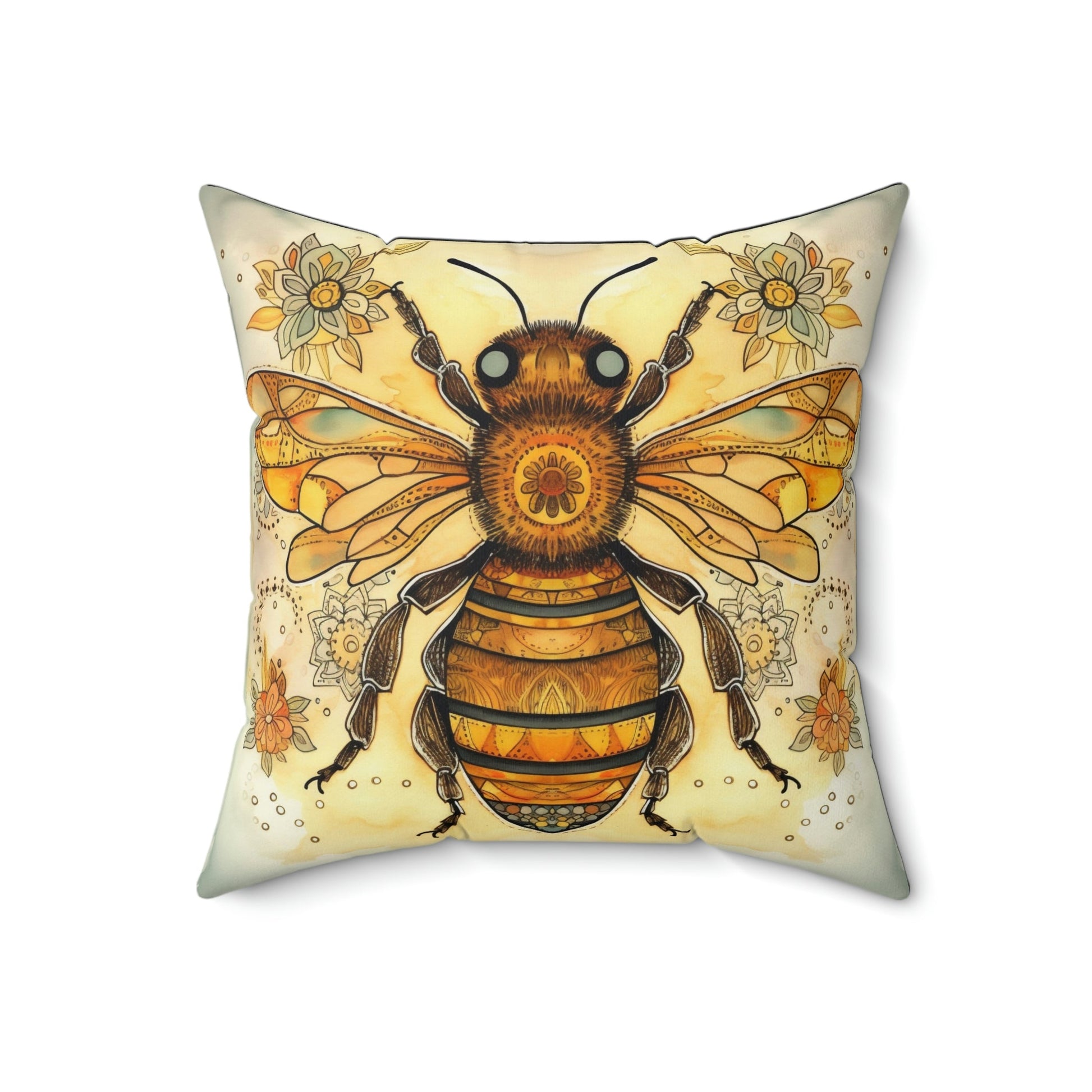 Folk Art Honey Bee Portrait Design Square Pillow - Cottagecore Country Farm Style Gift for Yourself or Loved Ones