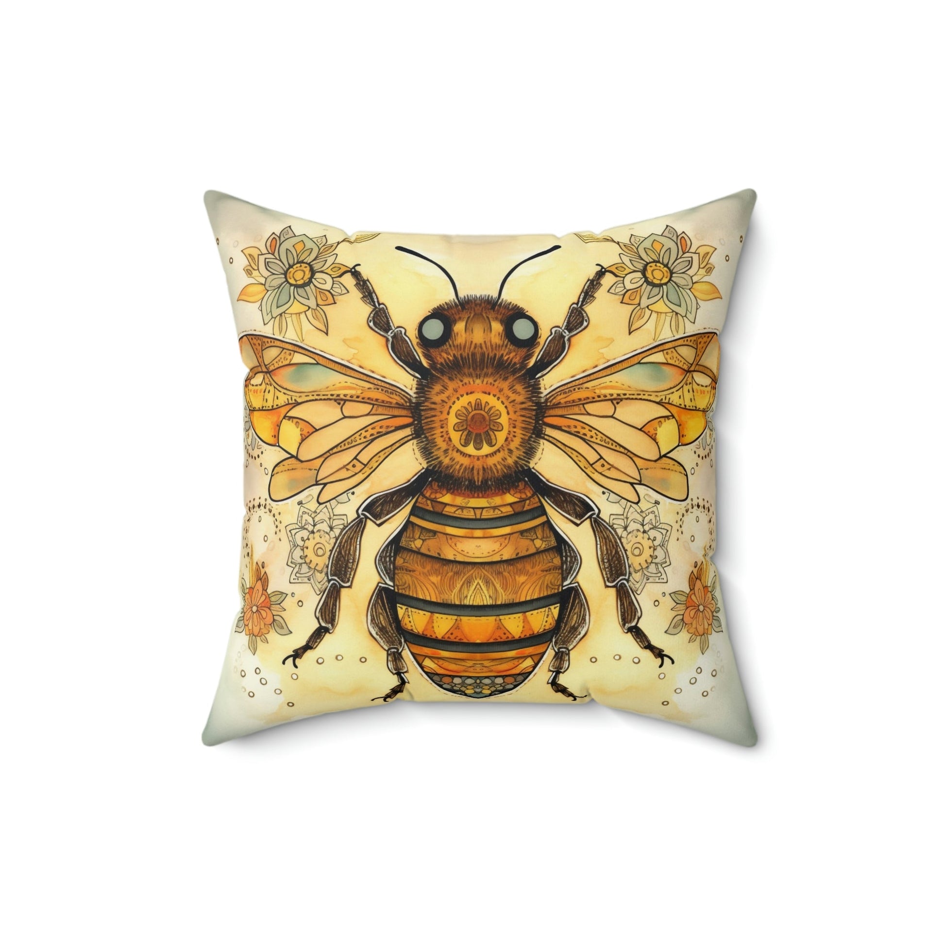 Folk Art Honey Bee Portrait Design Square Pillow - Cottagecore Country Farm Style Gift for Yourself or Loved Ones