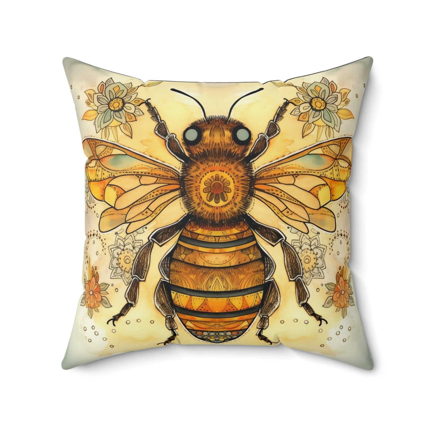 Folk Art Honey Bee Portrait Design Square Pillow - Cottagecore Country Farm Style Gift for Yourself or Loved Ones