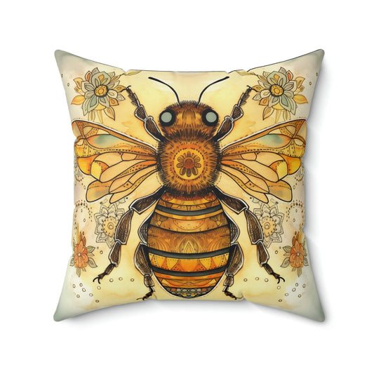 Folk Art Honey Bee Portrait Design Square Pillow - Cottagecore Country Farm Style Gift for Yourself or Loved Ones