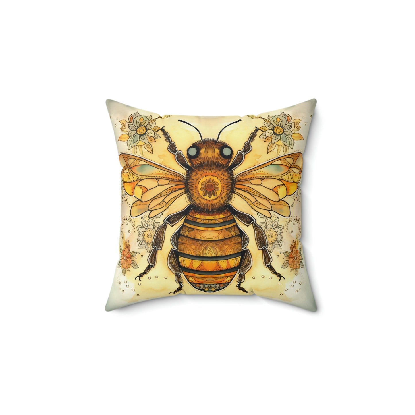 Folk Art Honey Bee Portrait Design Square Pillow - Cottagecore Country Farm Style Gift for Yourself or Loved Ones