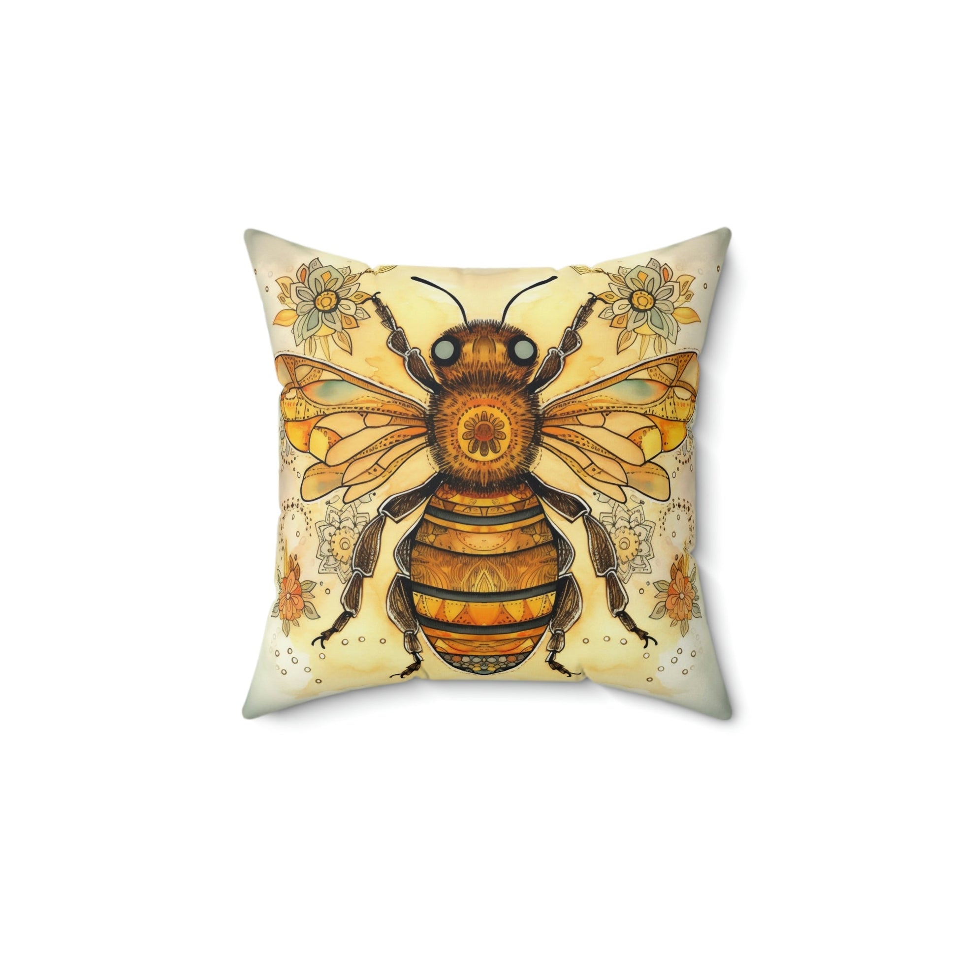 Folk Art Honey Bee Portrait Design Square Pillow - Cottagecore Country Farm Style Gift for Yourself or Loved Ones