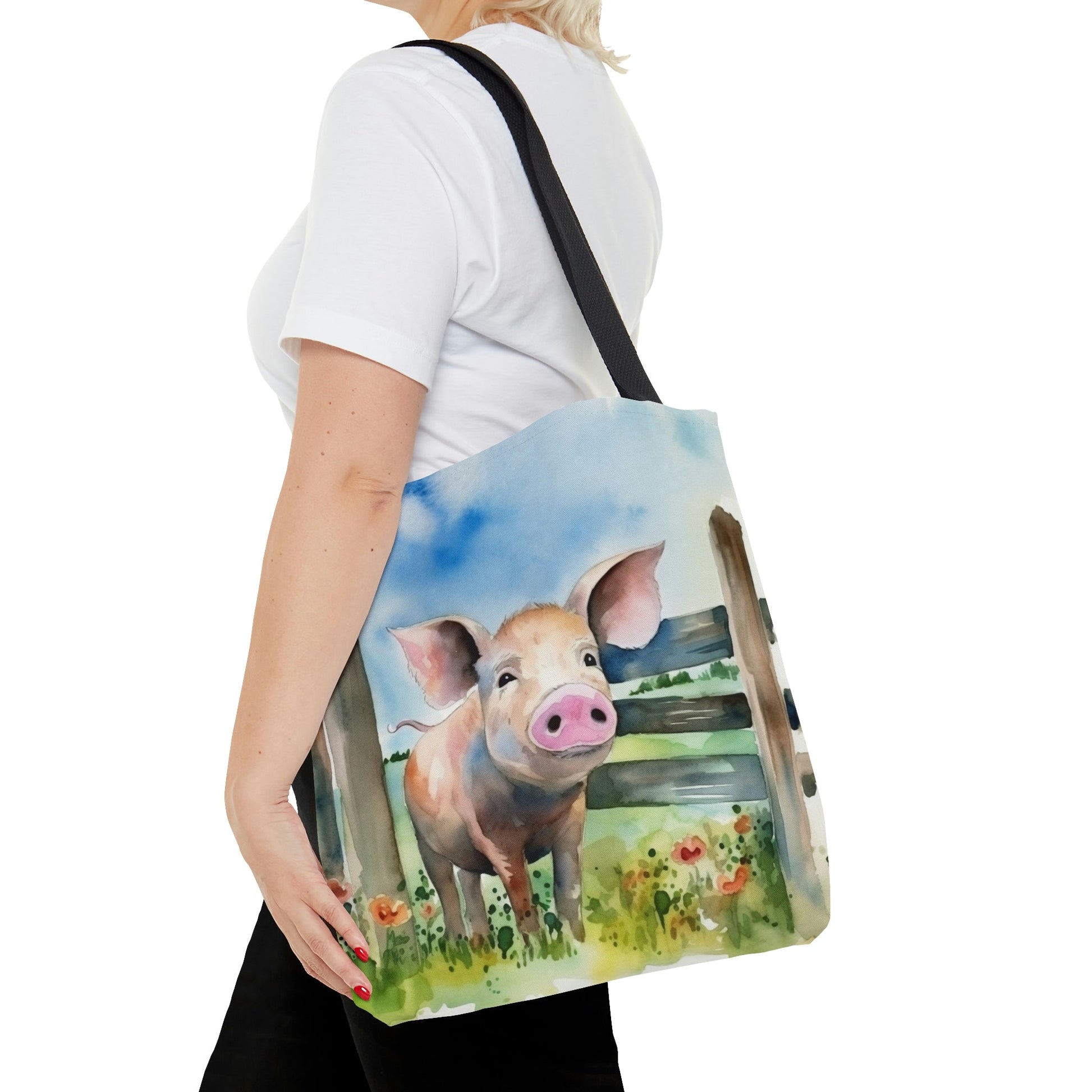 Folk Art Pig in Barnyard Tote Bag - Cute Cottagecore Totebag Makes the Perfect Gift